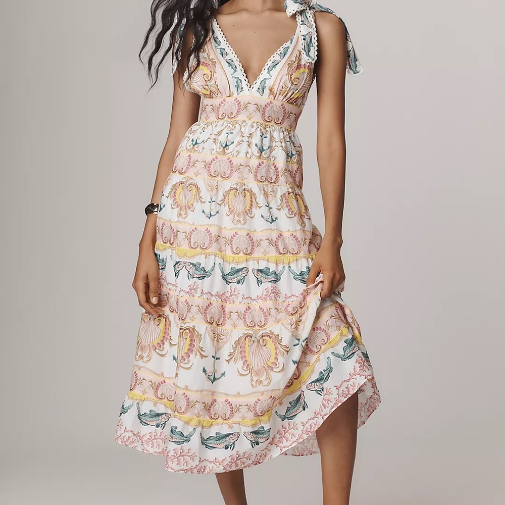 NWT Anthropologie Farm Rio Maritime Magic Tie-Strap V-Neck Midi Dress Size Sm